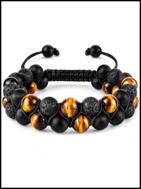 Natural Tiger Eye Onyx Lava Rock Beaded Bracelet Adjustable Macrame Protection